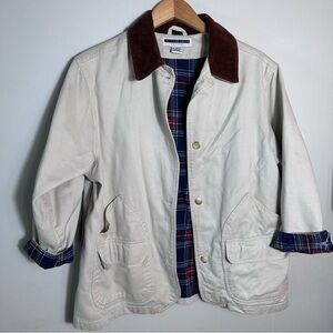 Vintage Cream Chore Jacket with Brown Corduroy Collar- Flannel Lined Barn Coat